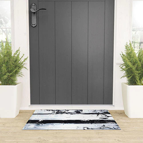 "black and white stripes" welcome mat